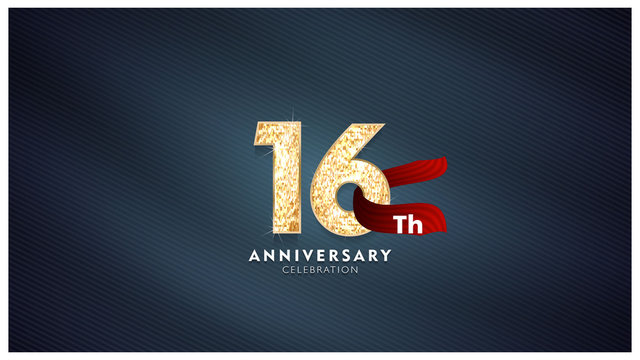 16th Anniversary celebration - Golden numbers with blue fabric background