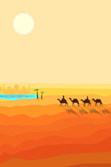 Desert Landscape with Sand Dunes. Caravan of Camels Goes to the Arabic Oasis. Silhouette Design in a Flat Style. Raster Illustration