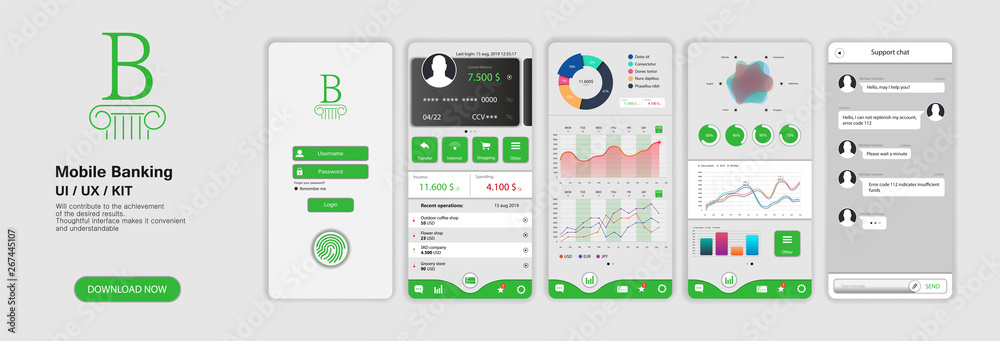 Poster Banking App UI UX Kit for responsive mobile app or website with different GUI layout including Login, Create Account, Profile, Transaction and Notification, Chat support screens. Banking Application