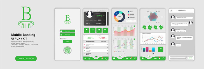 Banking App UI UX Kit for responsive mobile app or website with different GUI layout including Login, Create Account, Profile, Transaction and Notification, Chat support screens. Banking Application