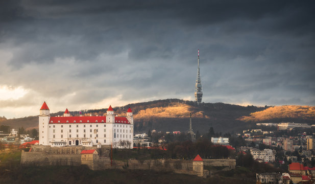 Bratislava Castle and Kamzik Television Tower on the Hill at Sunset in Bratislava, Slovakia
