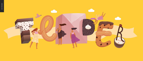 Dessert lettering - Tender - modern flat vector concept digital illustration of temptation font, sweet lettering and girls. Caramel, toffee, biscuit, waffle, cookie, cream and chocolate letters
