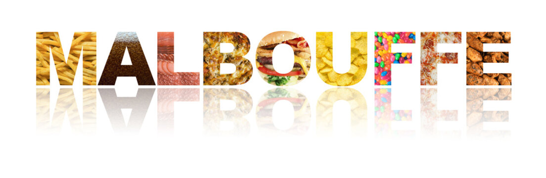 mot malbouffe isol&eacute; sur fond blanc avec des aliments mauvais pour la sant&eacute; &agrave; l'int&eacute;rieur des lettres