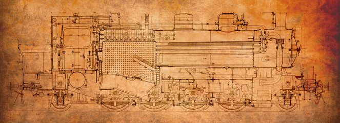 Old plan of a steam locomotive. Industrial style.