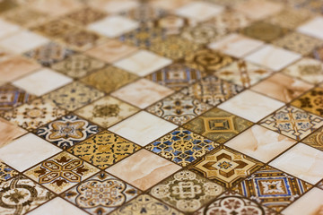 Texture of ceramic tiles in oriental turkish style. Turkish ceramic tiles lined on the wall. Ready idea for your design