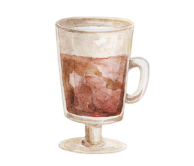 Watercolor drink. Cocktail. Tea cup teapot. Different drinks in the transparent glasses. Juice. Glass wine. Alcoholic drink.