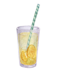 Watercolor drink. Cocktail. Tea cup teapot. Different drinks in the transparent glasses. Juice. Glass wine. Alcoholic drink.