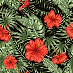 Door stickers Hibiscus Vector seamless pattern of green tropical leaves with red hibiscus flowers on black background. Summer or spring repeat tropical backdrop. Exotic jungle ornament