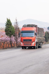 Fototapeta premium Red truck driving on asphalt road in rural of China.