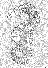 Hand drawn swimming sea horse with high details for anti stress coloring page, illustration in tracery style. Vector.