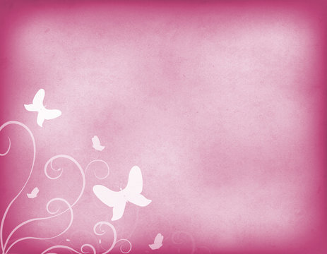 Vintage pink old paper in watercolor style, horizontal. White floral ornament with flying butterfly. Empty colored background, space for the text.