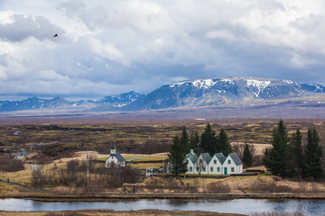landscape with houses and mountains