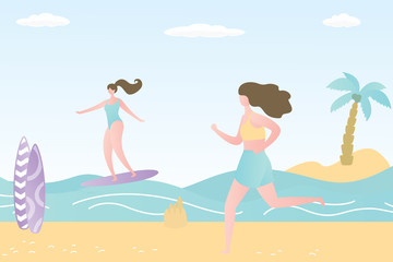 Beauty girls on tropical beach,female characters are engaged in beach sports and activities