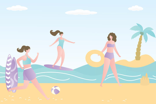 Beauty girls on tropical beach,female characters are engaged in beach sports and activities