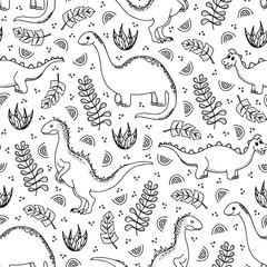 Hand drawn seamless pattern with dinosaurs and exotic leaves. Black and white vector illustration. 