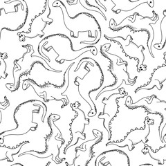 Seamless pattern with dinosaurs. Hand-drawn dinosaurs on white background. Vector illustration.