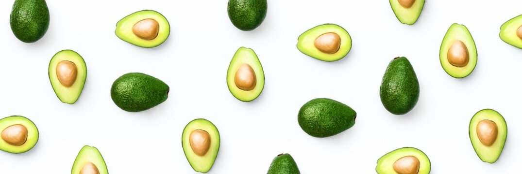 Avocado food concept on white background. From top view. Banner