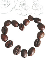 Foto macro de grãos de café em forma de coração, com um interessante fundo de rosas que na verdade é o desenho de uma chávena.