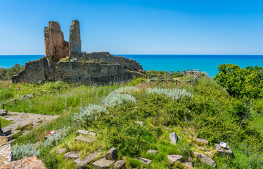 Ruins of the ancient city of Velia with the sea in the background, near Ascea, Cilento, Campania,...