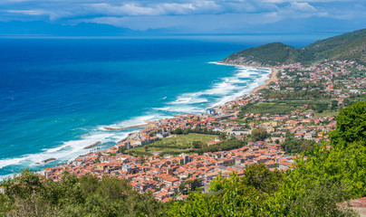 Panoramic view of the Cilento coastline from Castellabate. Campania, Italy.