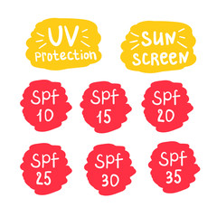 Set of Anti-UV SPF UV 10, 15, 20, 25, 30, 35, SPF PA Icon or Label Isolated on White Background