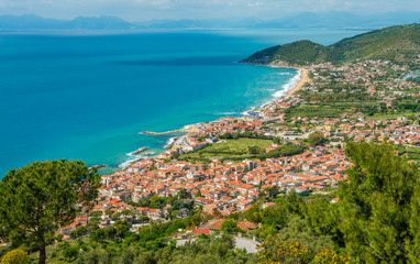 Panoramic view of the Cilento coastline from Castellabate. Campania, Italy.