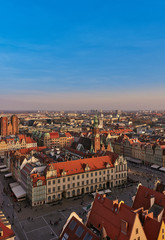 Fototapeta na wymiar Aerial view of Stare Miasto with Market Square, Old Town Hall and St. Elizabeth's Church from St. Mary Magdalene Church in Wroclaw, Poland