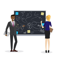 Businessman and businesswoman characters,Business signs and color stickers on blackboard