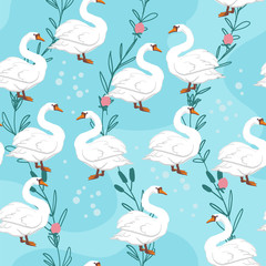 Vector flat seamless pattern with hand drawn swan birds and floral wild nature elements isolated on blue background. Good for packaging paper, cards, wallpapers, gift tags, nursery decor etc.