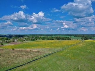 Aerial view of green field  in Minsk Region of Belarus