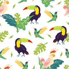 Vector flat tropical seamless pattern with hand drawn jungle monstera leaves, toucan, hummingbird, parrot birds isolated. For packaging paper, cards, wallpapers, gift tags, nursery decor etc.