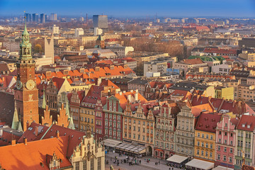 Fototapeta na wymiar Aerial view of Stare Miasto with Market Square, Old Town Hall and St. Elizabeth's Church from St. Mary Magdalene Church in Wroclaw, Poland