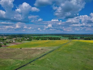 Aerial view of green field  in Minsk Region of Belarus