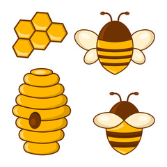 Colored honey set. Bees, honeycombs, beehive. Vector illustration