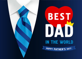 Father`s day banner design with lettering Best Dad in the world. Greeting card concept with striped tie and dark blue men's sweater of rhombus shape on background for fathers day. Vector illustration
