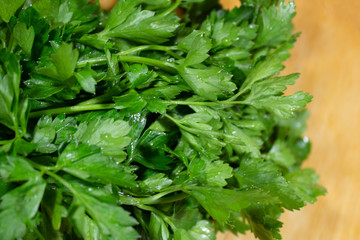 Green parsley leaves on a light wooden board