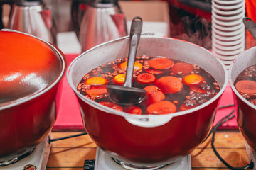 Freshly cooked mulled wine in the pan