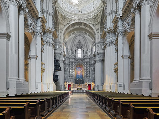 Fototapeta premium Interior of Theatinerkirche (Theatine Church of St. Cajetan) in Munich, Germany. The church was designed in Italian high-Baroque style by the Italian architect Agostino Barelli and built in 1663-1690.