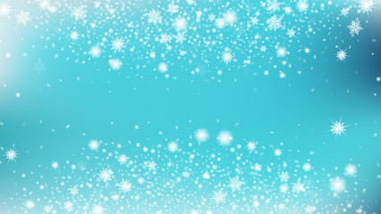 Glitter Snowflakes Background. Bbright, White, Shimmer, Glowing, Scatter, Falling background. Festive frame for New Year greetings. Blue base.