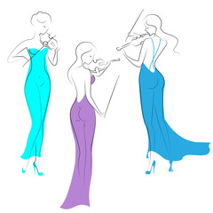 Obraz na płótnie Canvas Silhouettes of three beautiful ladies in evening long dresses. Girls are slim and elegant. Women play violins, they are musicians, violinists. Vector illustration
