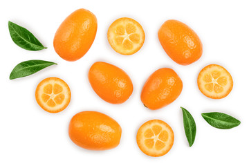 Cumquat or kumquat with half isolated on white background. Top view. Flat lay