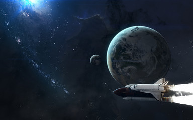 Planet Earth and the Moon in blue rays. Space Shuttle, ISS. Solar system. Science fiction art. Elements of the image were furnished by NASA
