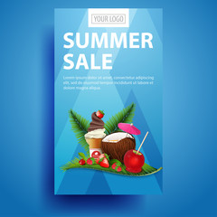 Summer sale, modern, stylish vertical banner for your business with coconut cocktail, strawberry, raspberry, cherry and ice cream on palm leaf