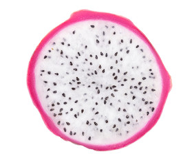 slice of Dragon fruit, Pitaya or Pitahaya isolated on white background. Top view. Flat lay