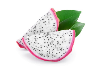 slice of Ripe Dragon fruit, Pitaya or Pitahaya isolated on white background, fruit healthy concept