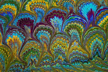 Fotobehang Marbled paper, peacock pattern.  © Ana Tramont