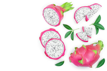 Dragon fruit, Pitaya or Pitahaya isolated on white background with copy space for your text. Top view. Flat lay