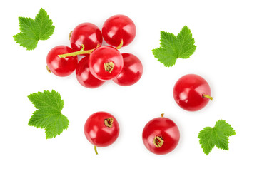 Red currant berry isolated on white background. Top view. Flat lay pattern
