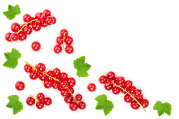 Red currant berry with leaf isolated on white background. Top view. Flat lay pattern