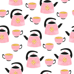 Cute watercolor teapot and cup seamless pattern. Vector tea background.